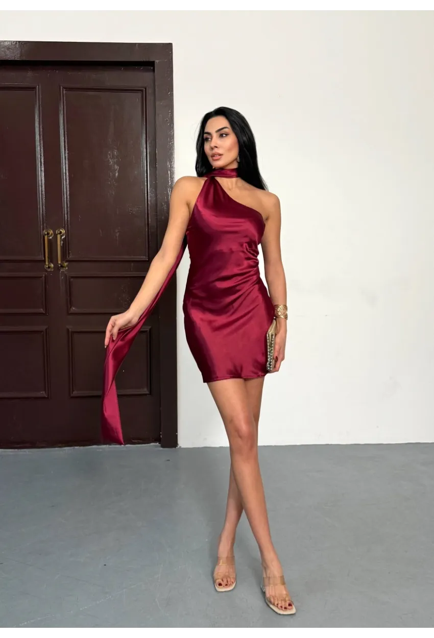 Kadın Boyun Detay Saten Mini Elbise Kırmızı