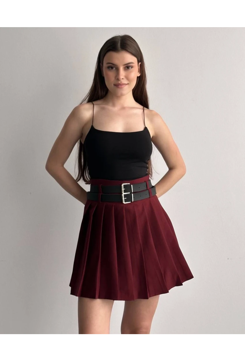 Kadın Çift Kemerli Şortlu Pileli Etek Bordo