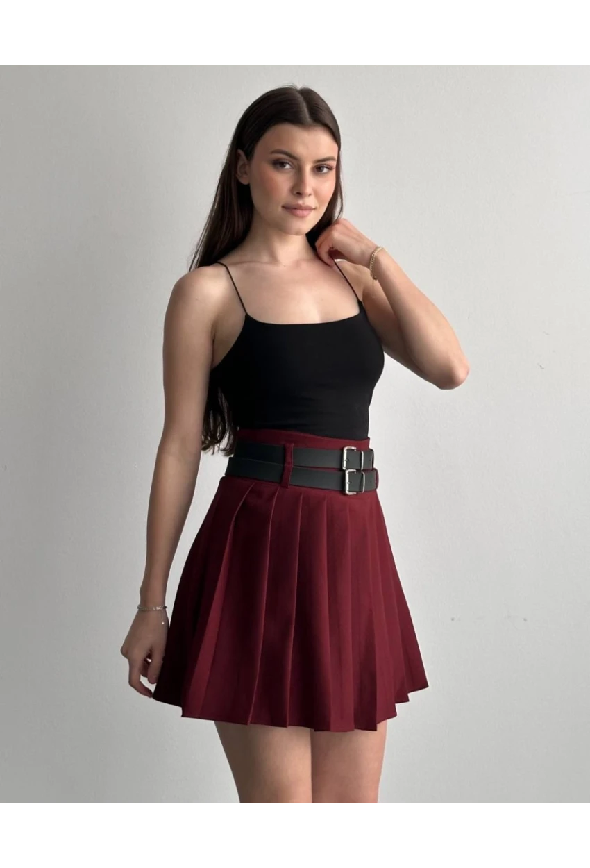 Kadın Çift Kemerli Şortlu Pileli Etek Bordo