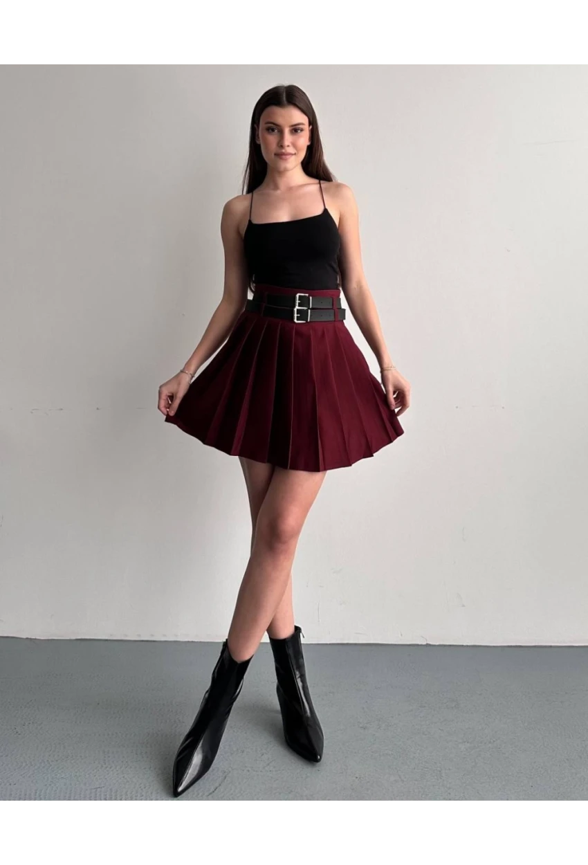 Kadın Çift Kemerli Şortlu Pileli Etek Bordo