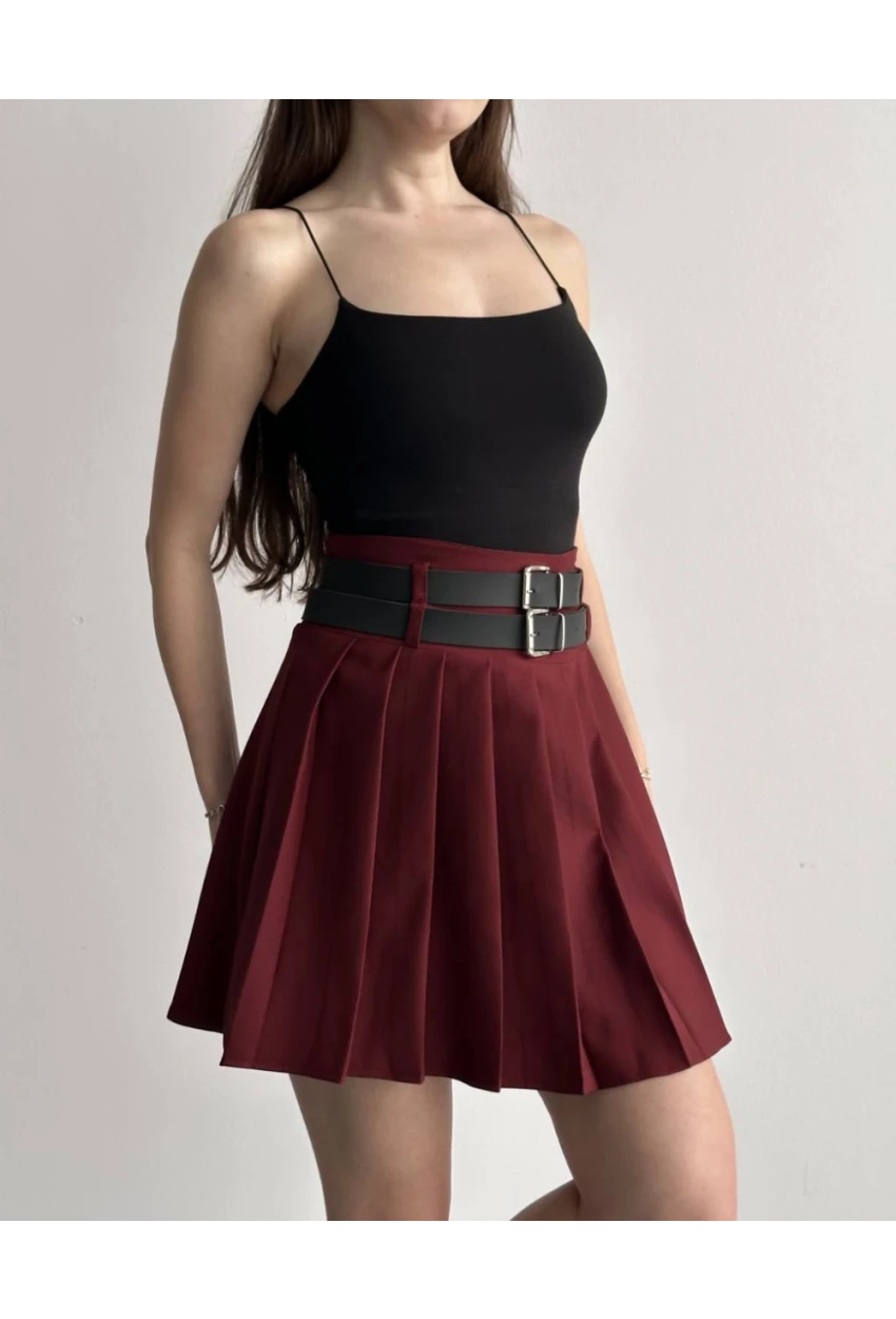 Kadın Çift Kemerli Şortlu Pileli Etek Bordo