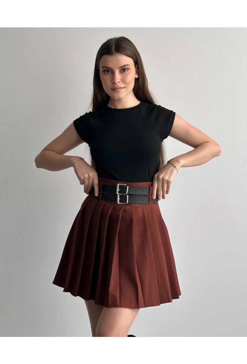 Kadın Çift Kemerli Şortlu Pileli Etek Kahve