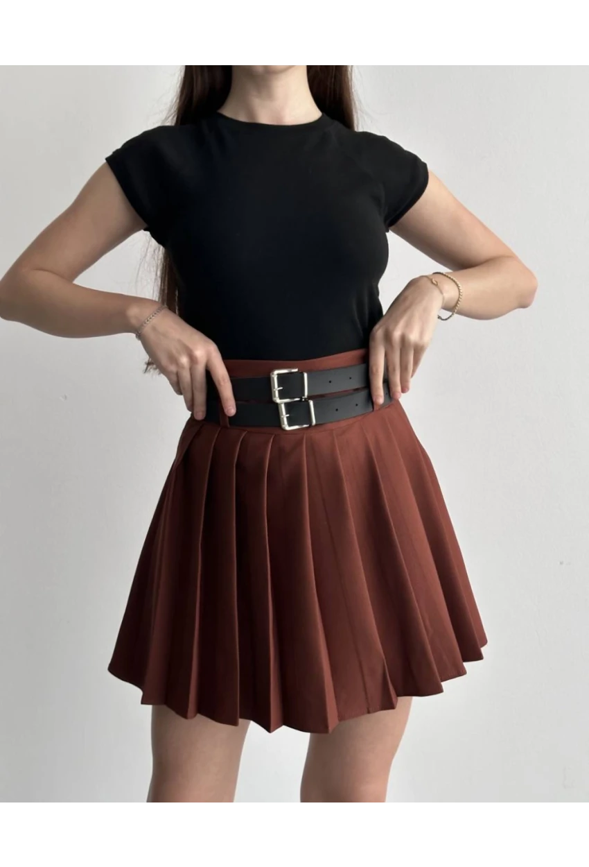 Kadın Çift Kemerli Şortlu Pileli Etek Kahve