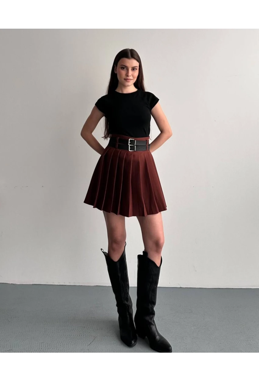 Kadın Çift Kemerli Şortlu Pileli Etek Kahve