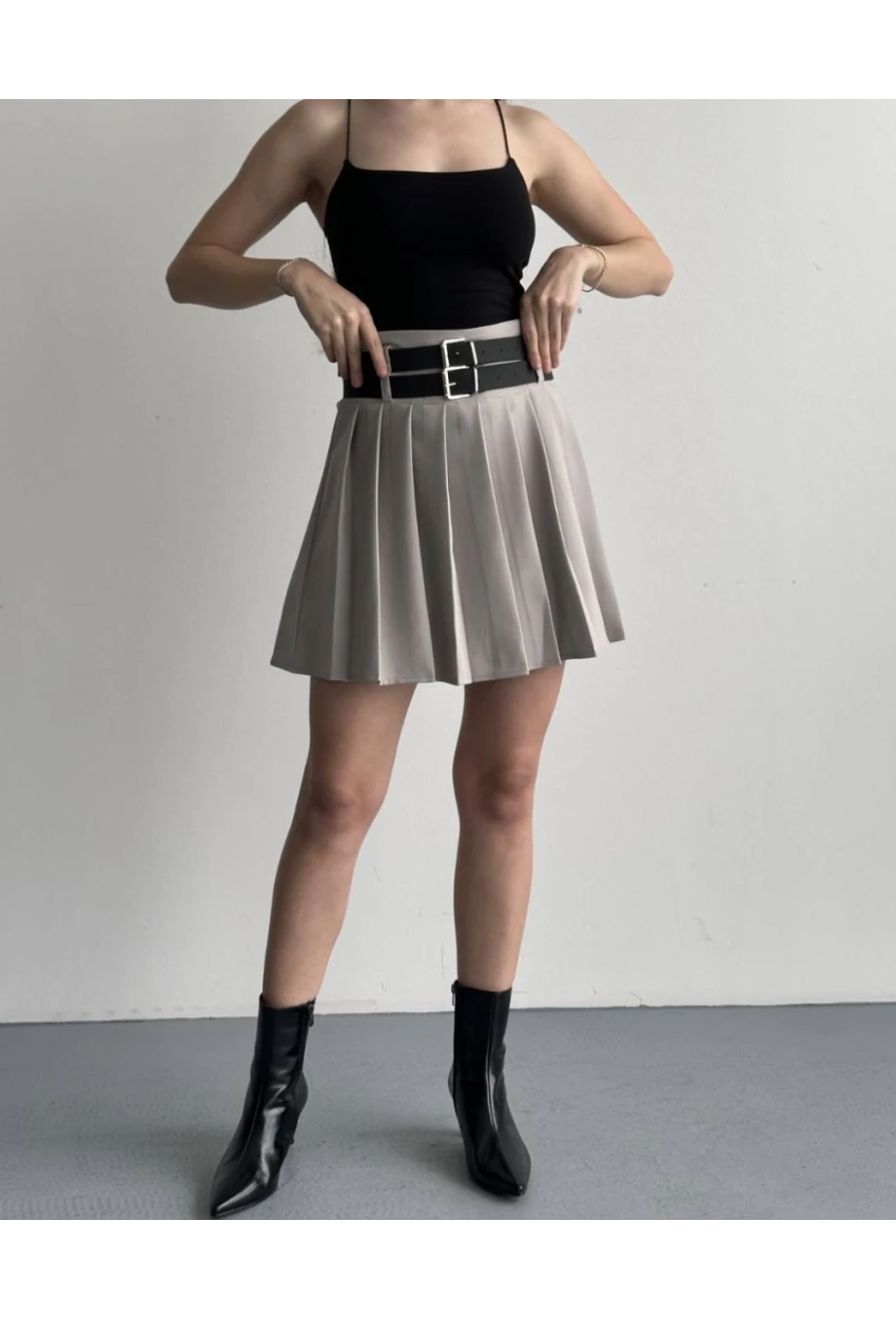 Kadın Çift Kemerli Şortlu Pileli Etek Krem