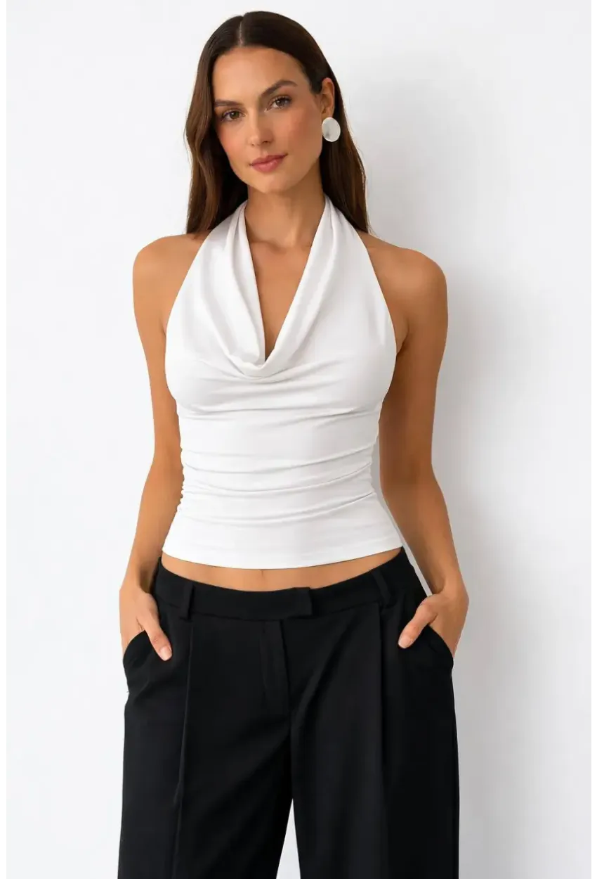 Kadın Çift Kullanımlı Sandy Kumaş Crop Bluz Beyaz