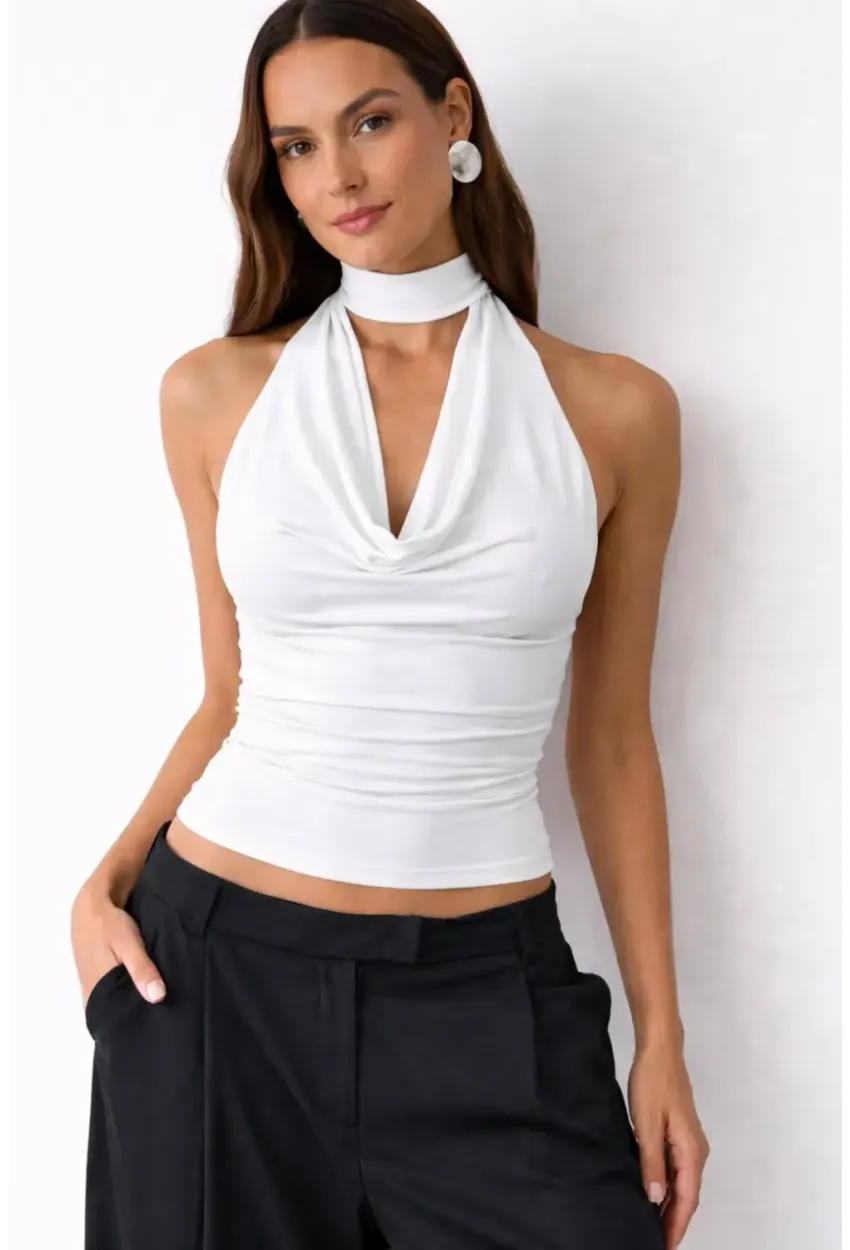 Kadın Çift Kullanımlı Sandy Kumaş Crop Bluz Beyaz