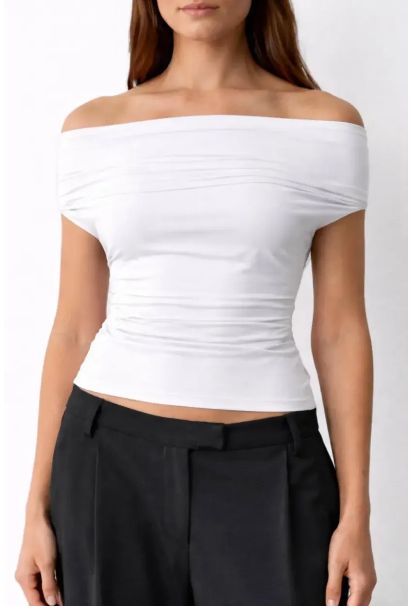 Kadın Çift Kullanımlı Sandy Kumaş Crop Bluz Beyaz