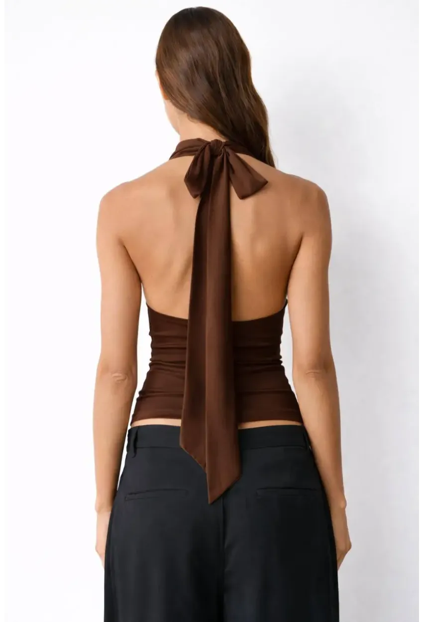Kadın Çift Kullanımlı Sandy Kumaş Crop Bluz Kahve
