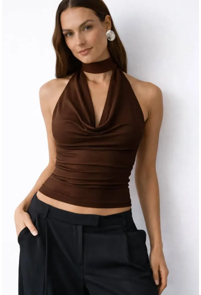 Kadın Çift Kullanımlı Sandy Kumaş Crop Bluz Kahve