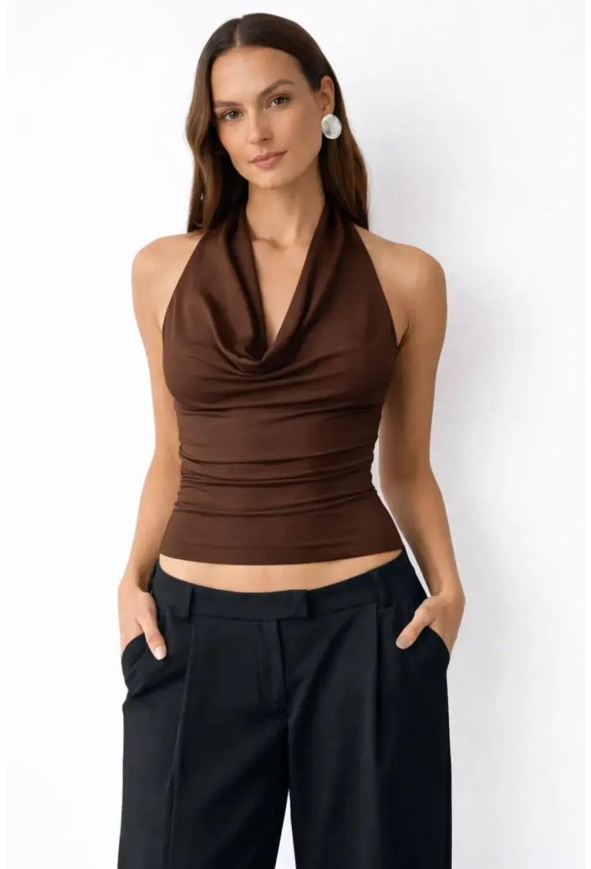 Kadın Çift Kullanımlı Sandy Kumaş Crop Bluz Kahve