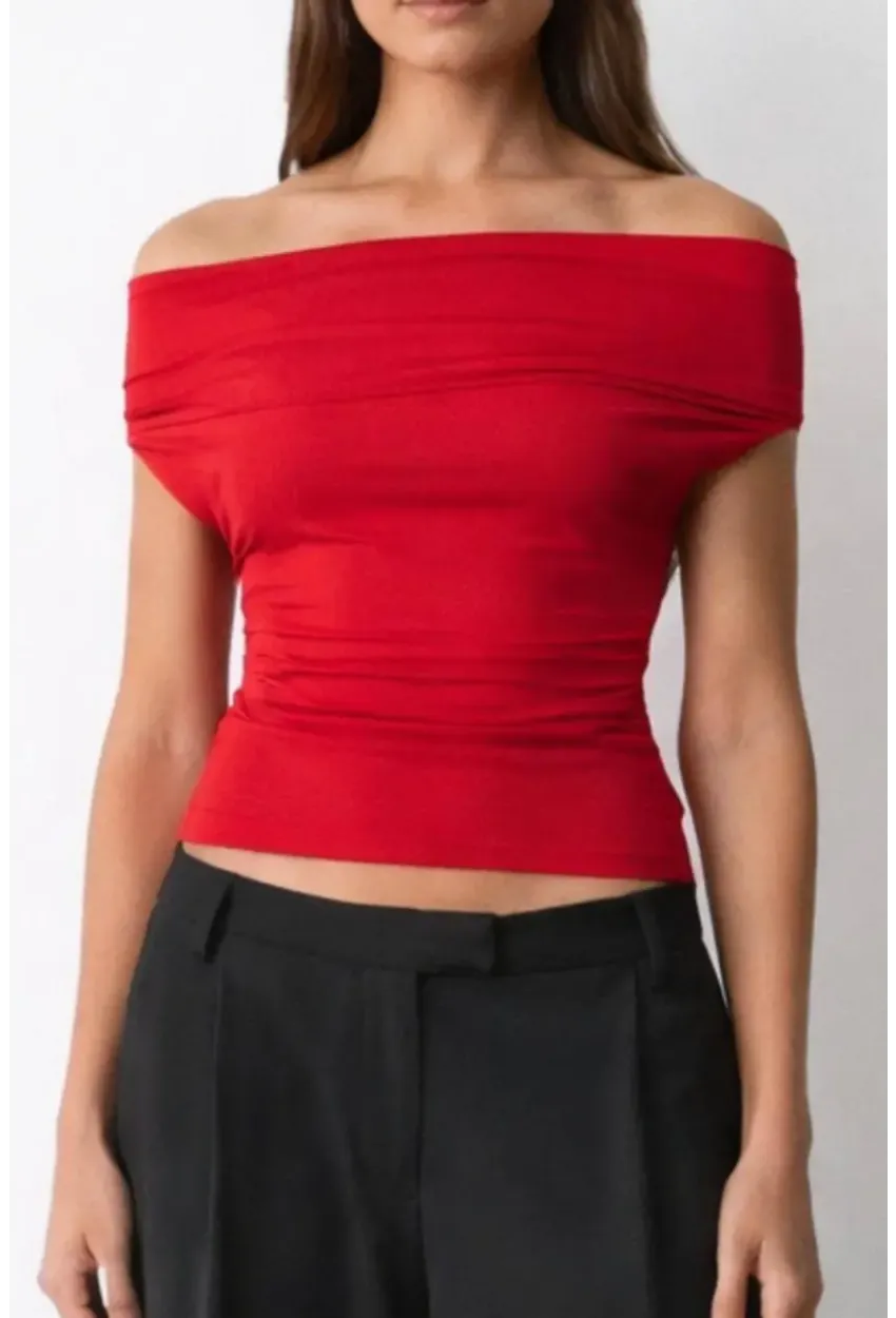 Kadın Çift Kullanımlı Sandy Kumaş Crop Bluz Kırmızı