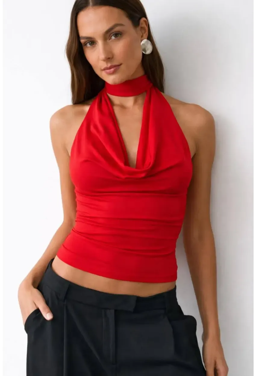 Kadın Çift Kullanımlı Sandy Kumaş Crop Bluz Kırmızı