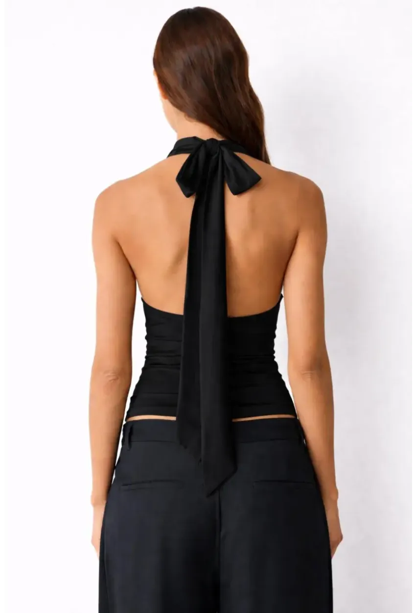 Kadın Çift Kullanımlı Sandy Kumaş Crop Bluz Siyah