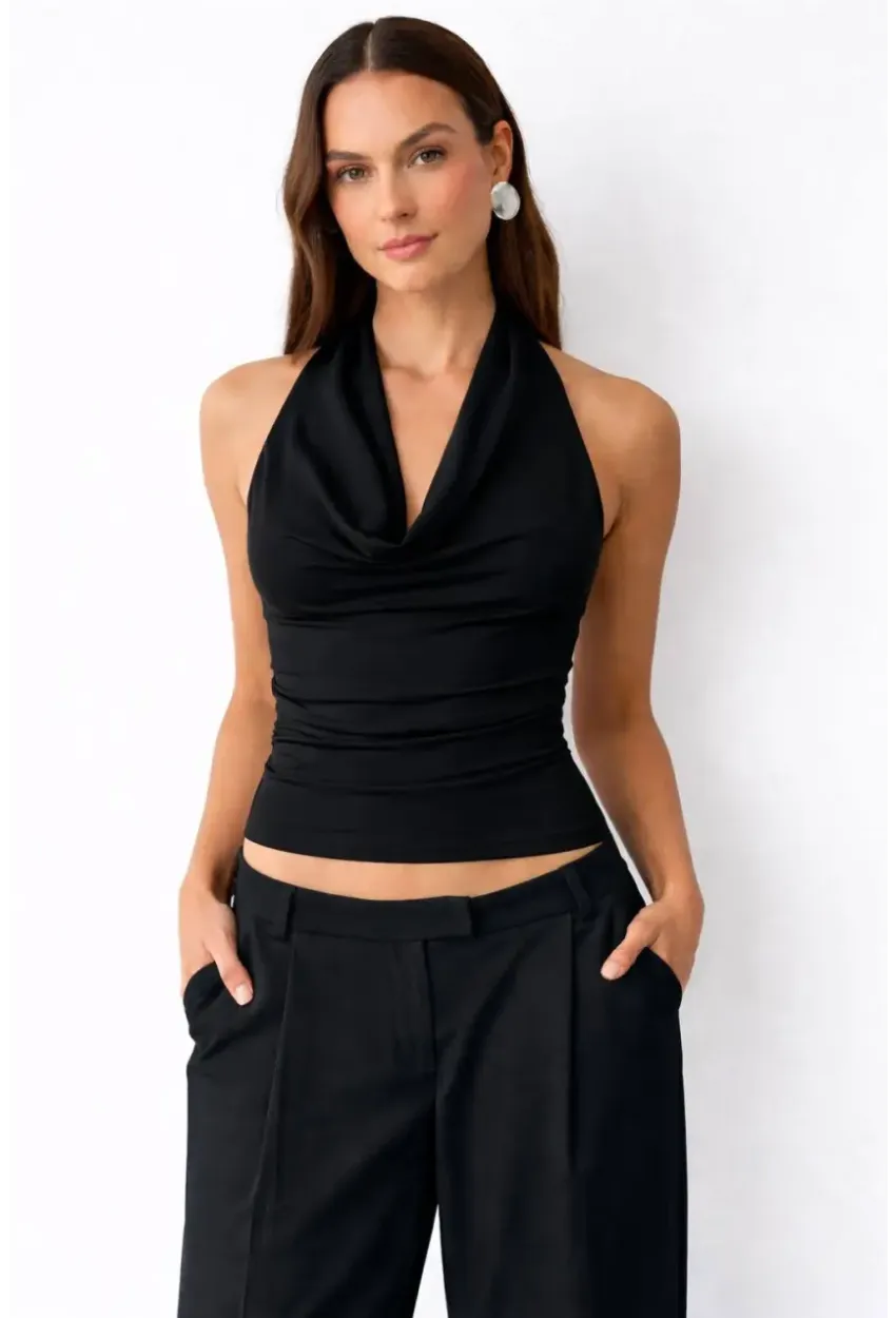 Kadın Çift Kullanımlı Sandy Kumaş Crop Bluz Siyah