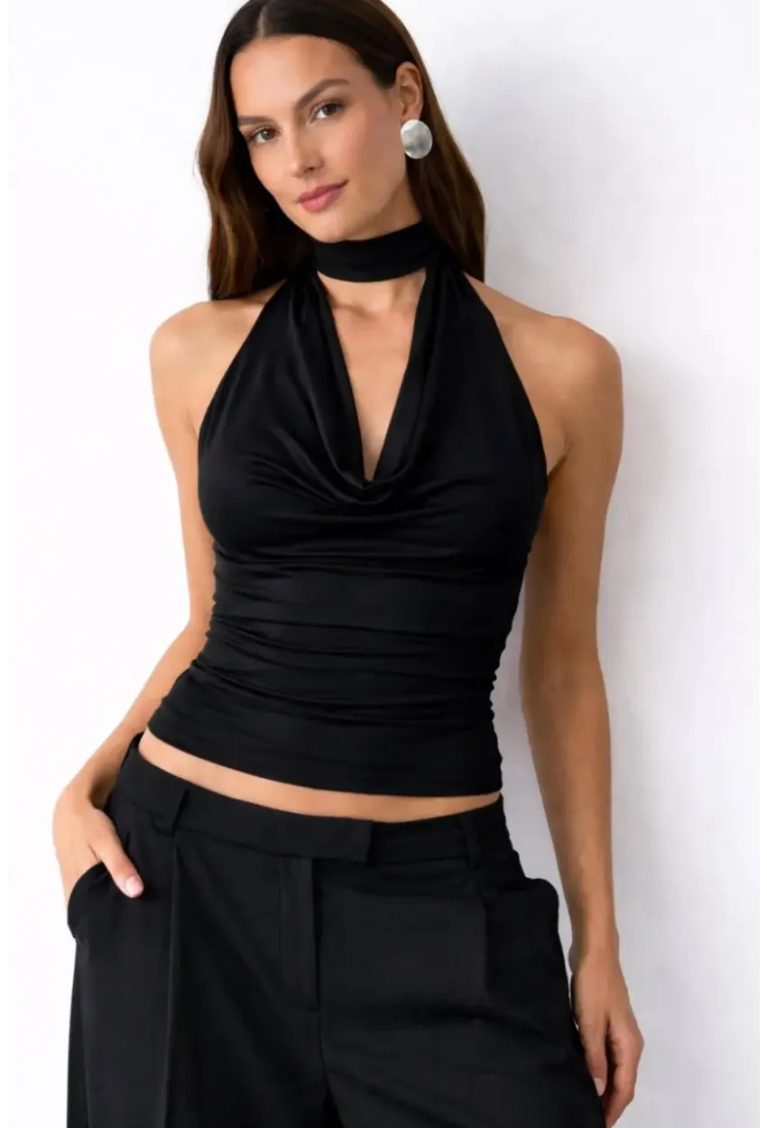 Kadın Çift Kullanımlı Sandy Kumaş Crop Bluz Siyah