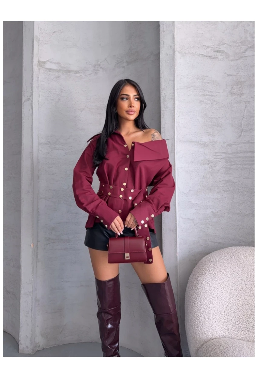 Kadın Çıtçıtlı Kemerli Bordo Gömlek