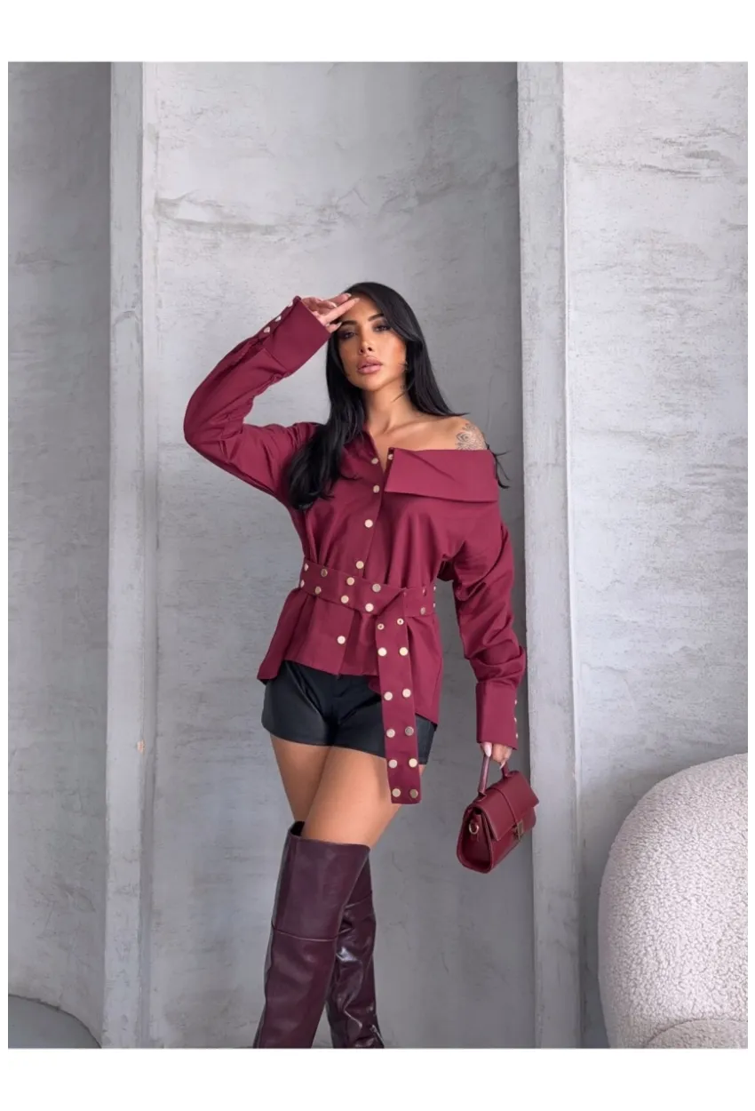 Kadın Çıtçıtlı Kemerli Bordo Gömlek