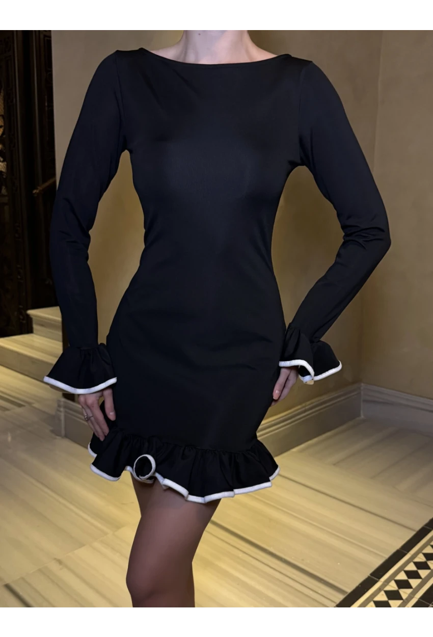 Kadın Dalgıç Kumaş Biyeli Mini Elbise Siyah