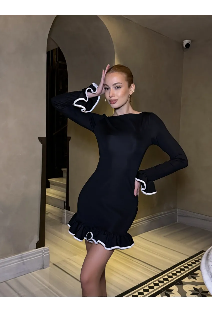 Kadın Dalgıç Kumaş Biyeli Mini Elbise Siyah