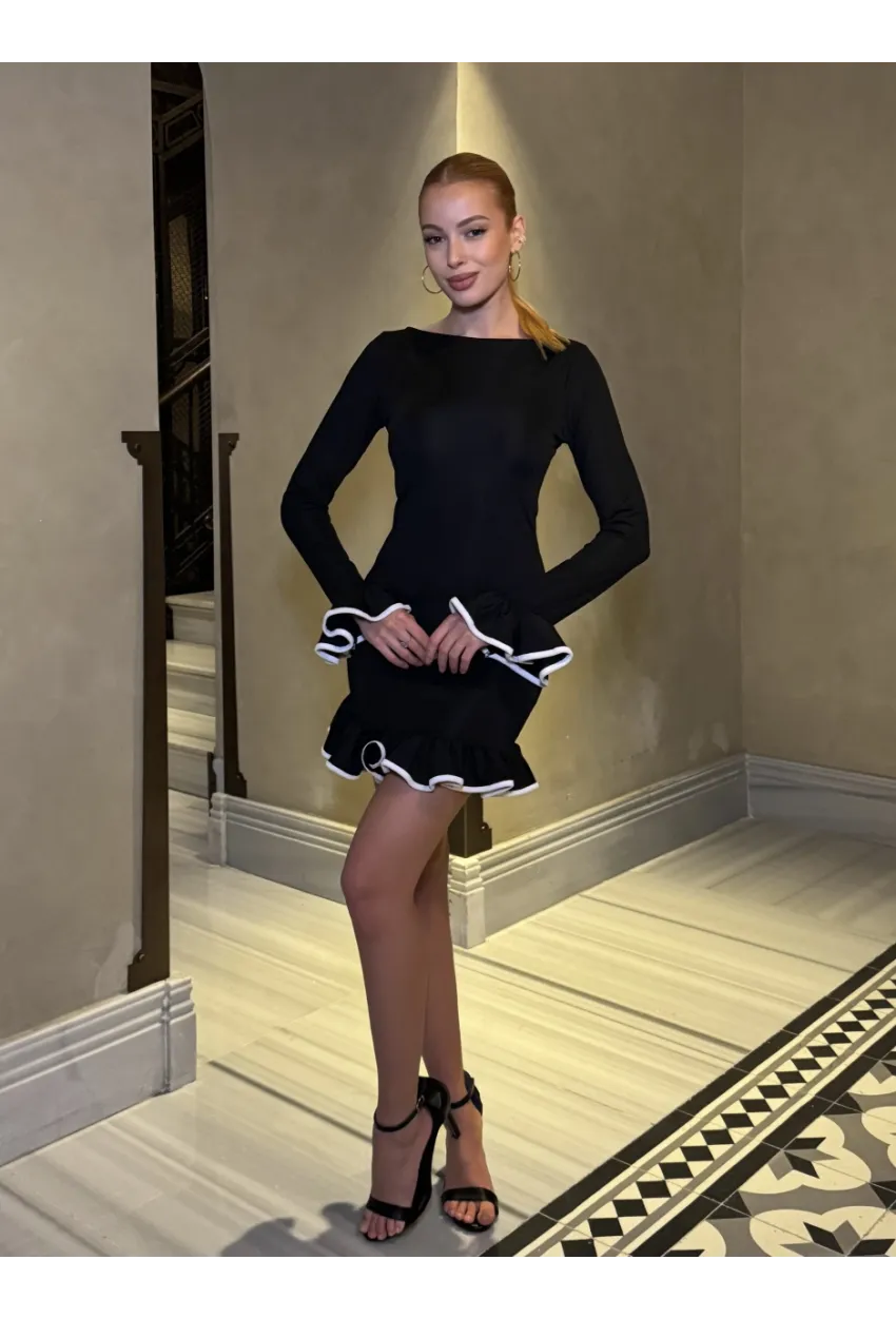 Kadın Dalgıç Kumaş Biyeli Mini Elbise Siyah