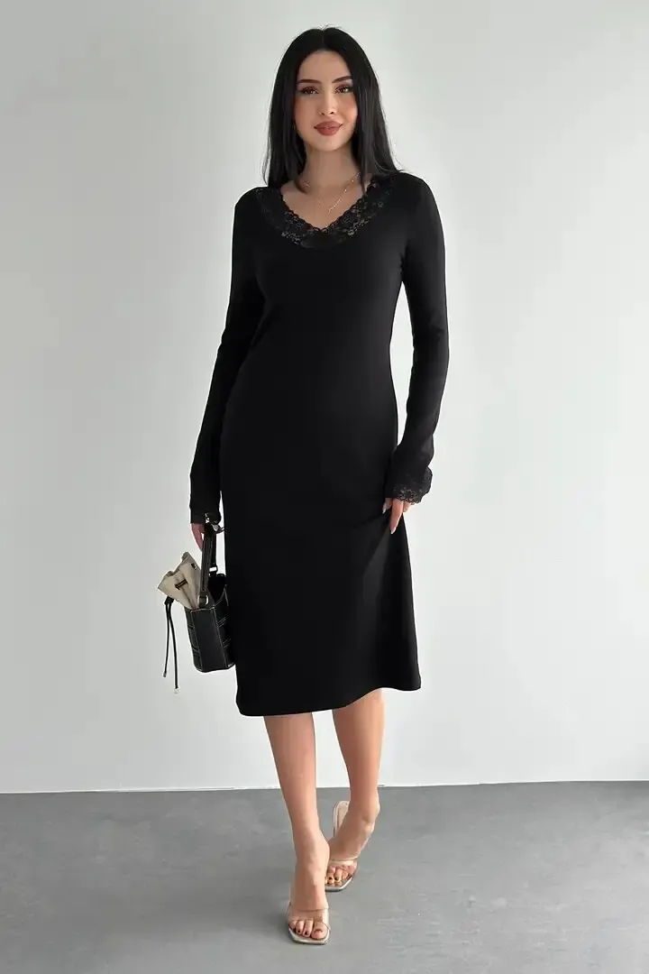 Kadın Dantel Detaylı V Yaka Elbise – Uzun Kollu Şık Günlük Elbise