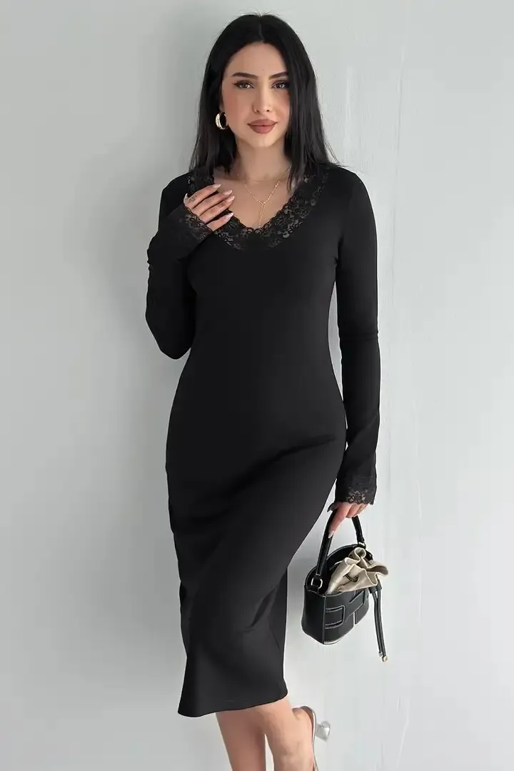 Kadın Dantel Detaylı V Yaka Elbise – Uzun Kollu Şık Günlük Elbise