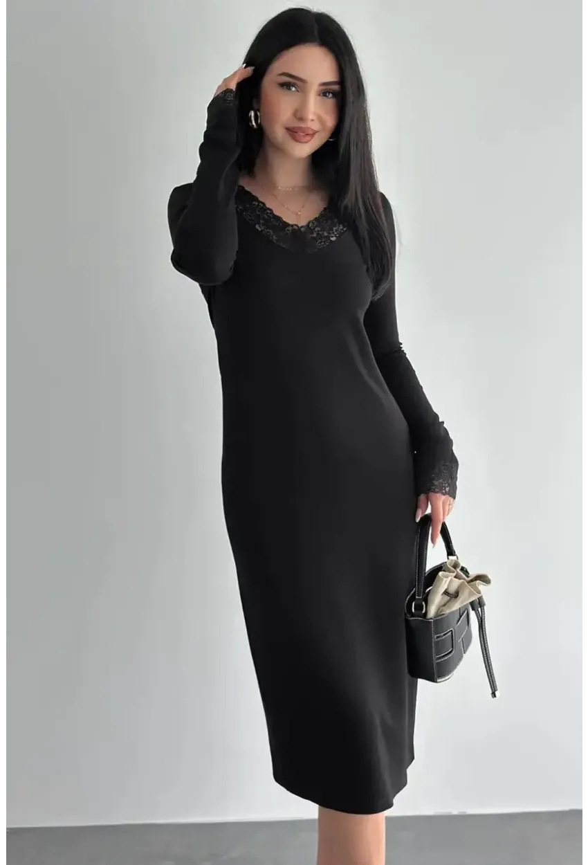 Kadın Dantel Detaylı V Yaka Elbise – Uzun Kollu Şık Günlük Elbise