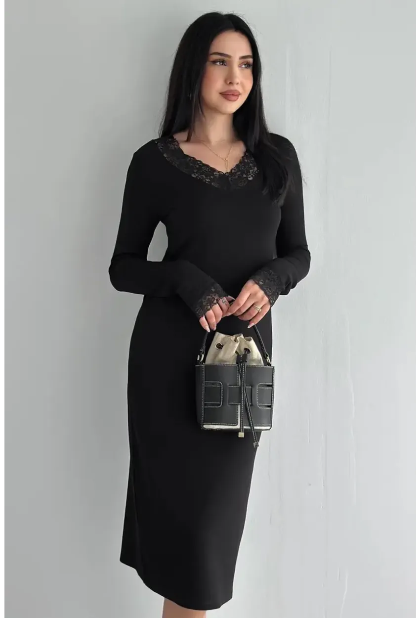 Kadın Dantel Detaylı V Yaka Elbise – Uzun Kollu Şık Günlük Elbise