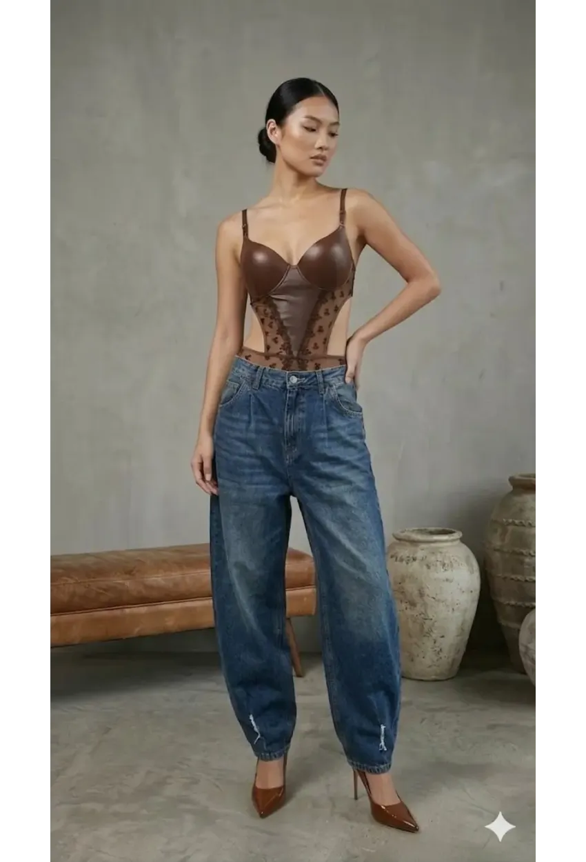 Kadın Dantelli Kahve Deri Transparan Çıtçıtlı Bodysuit