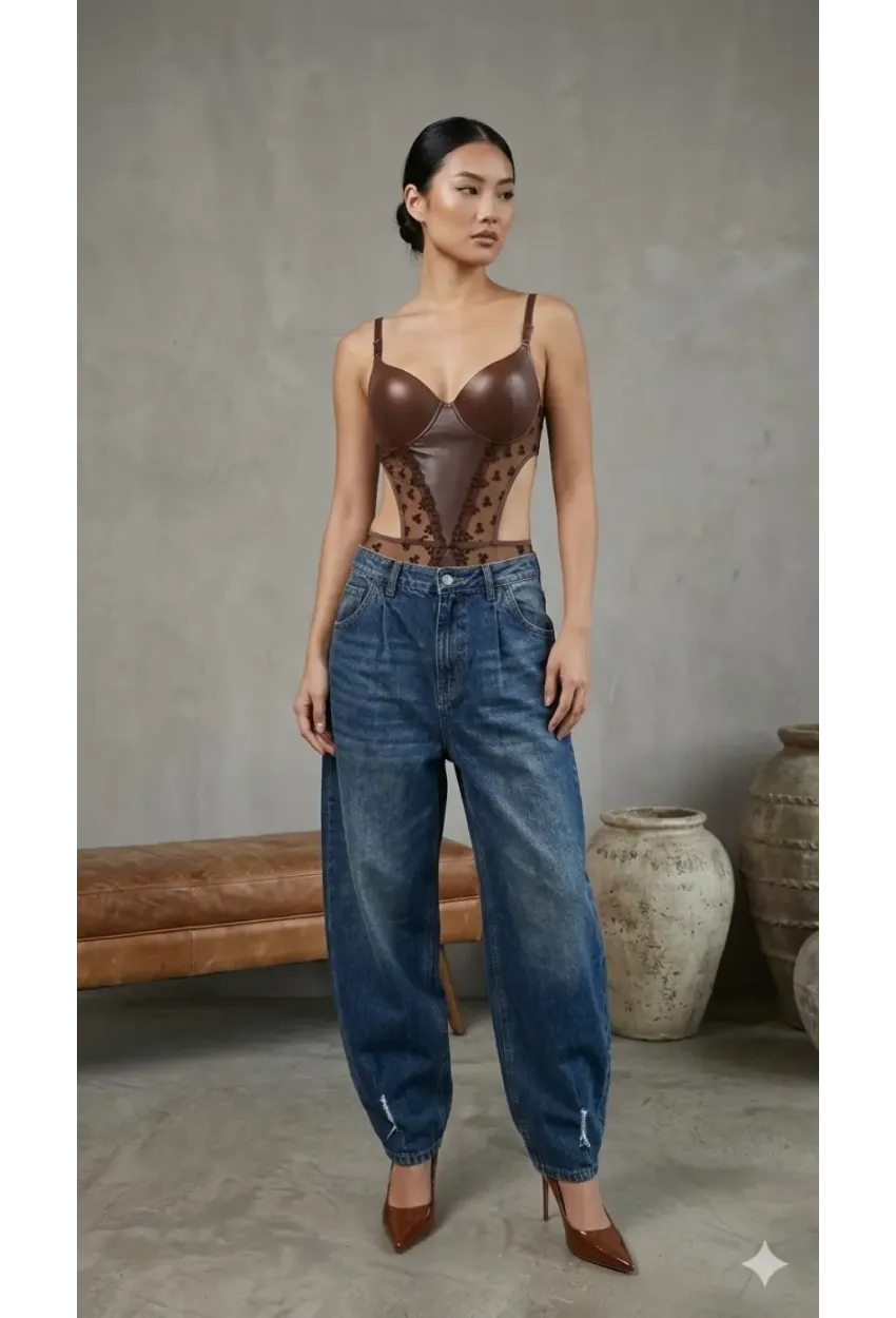 Kadın Dantelli Kahve Deri Transparan Çıtçıtlı Bodysuit