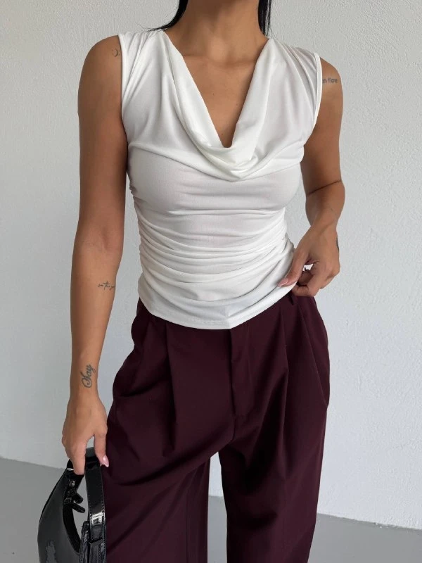 Kadın Degaje Yaka Kolsuz Bluz Beyaz