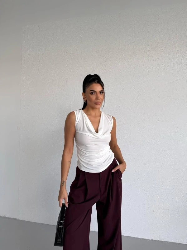 Kadın Degaje Yaka Kolsuz Bluz Beyaz