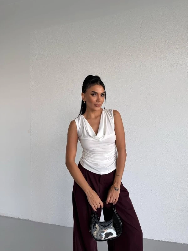 Kadın Degaje Yaka Kolsuz Bluz Beyaz