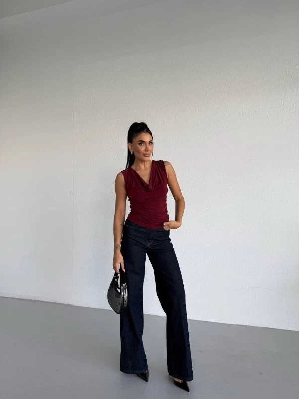 Kadın Degaje Yaka Kolsuz Bluz Bordo