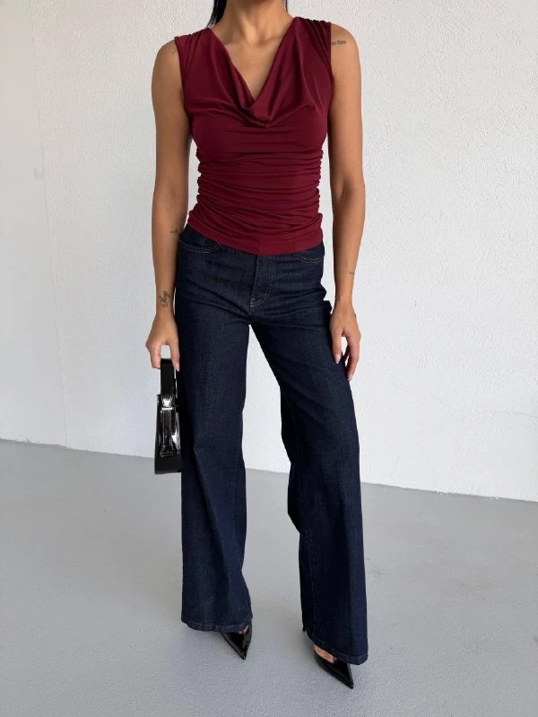 Kadın Degaje Yaka Kolsuz Bluz Bordo