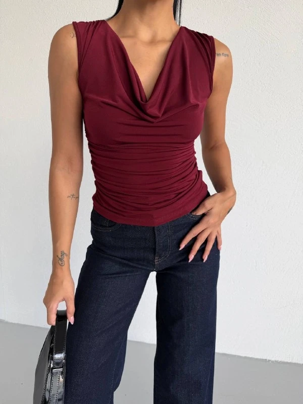 Kadın Degaje Yaka Kolsuz Bluz Bordo