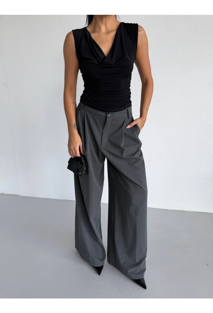 Kadın Degaje Yaka Kolsuz Bluz Siyah