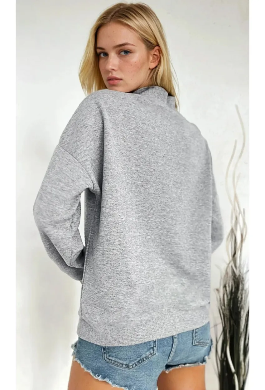 Kadın Dik Yaka Oversize Sweatshirt Yazı Baskılı