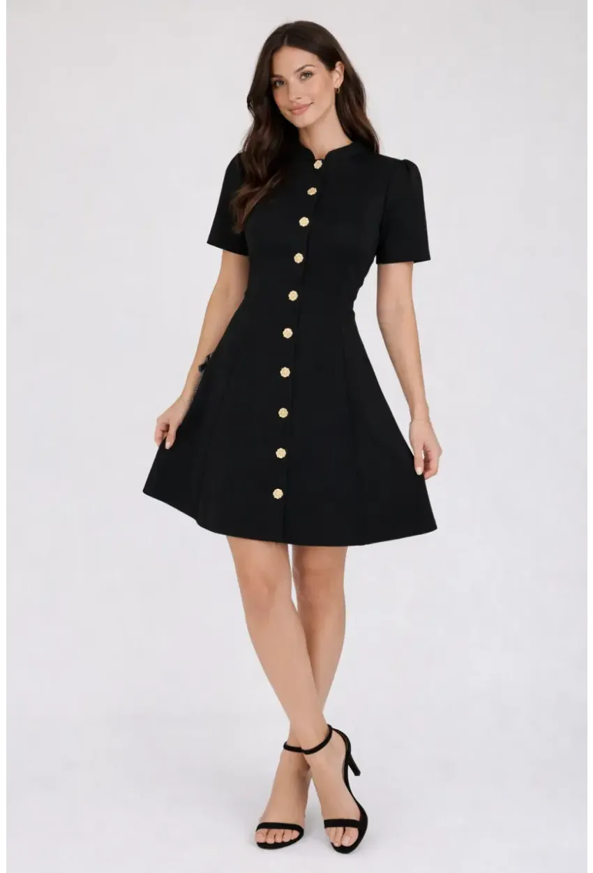 Kadın Düğme Detay Siyah Elbise