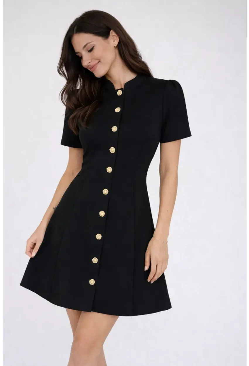 Kadın Düğme Detay Siyah Elbise