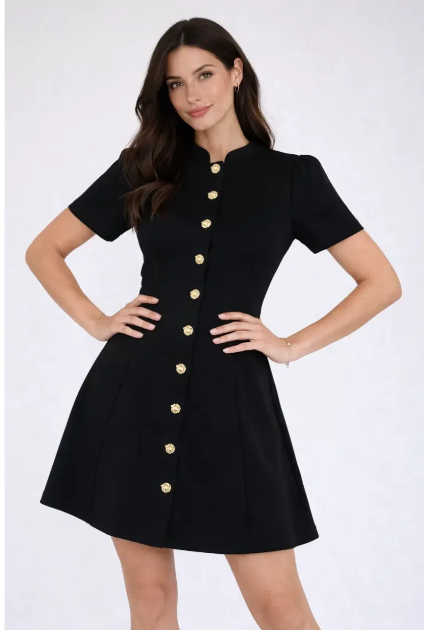 Kadın Düğme Detay Siyah Elbise