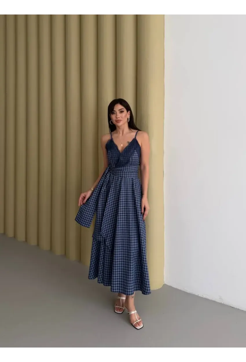 Kadın Ekose Dantelli Sırt Gipeli Elbise Mavi