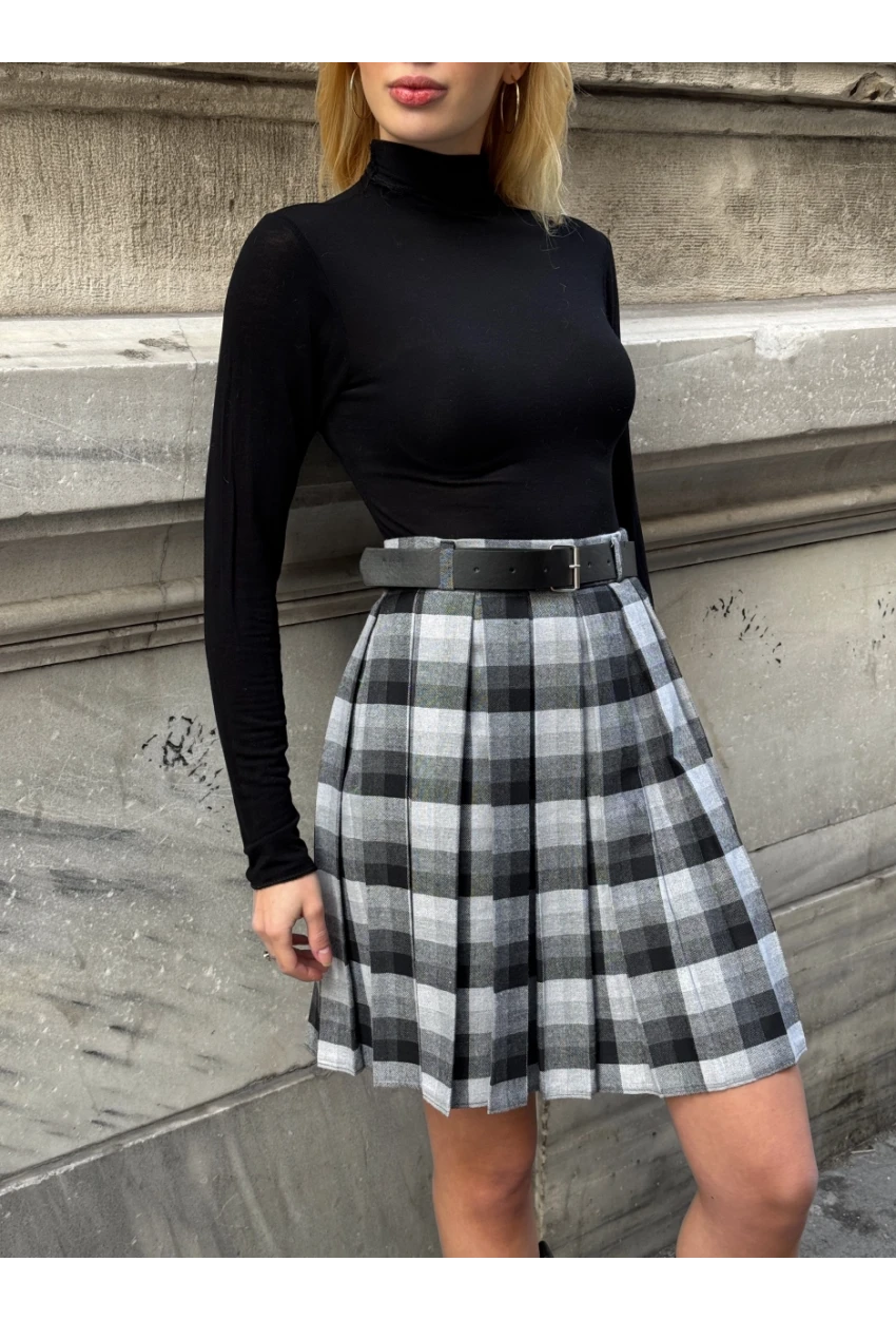 Kadın Ekose Desen Kemerli Yüksel Bel Şort Astarlı Mini Etek