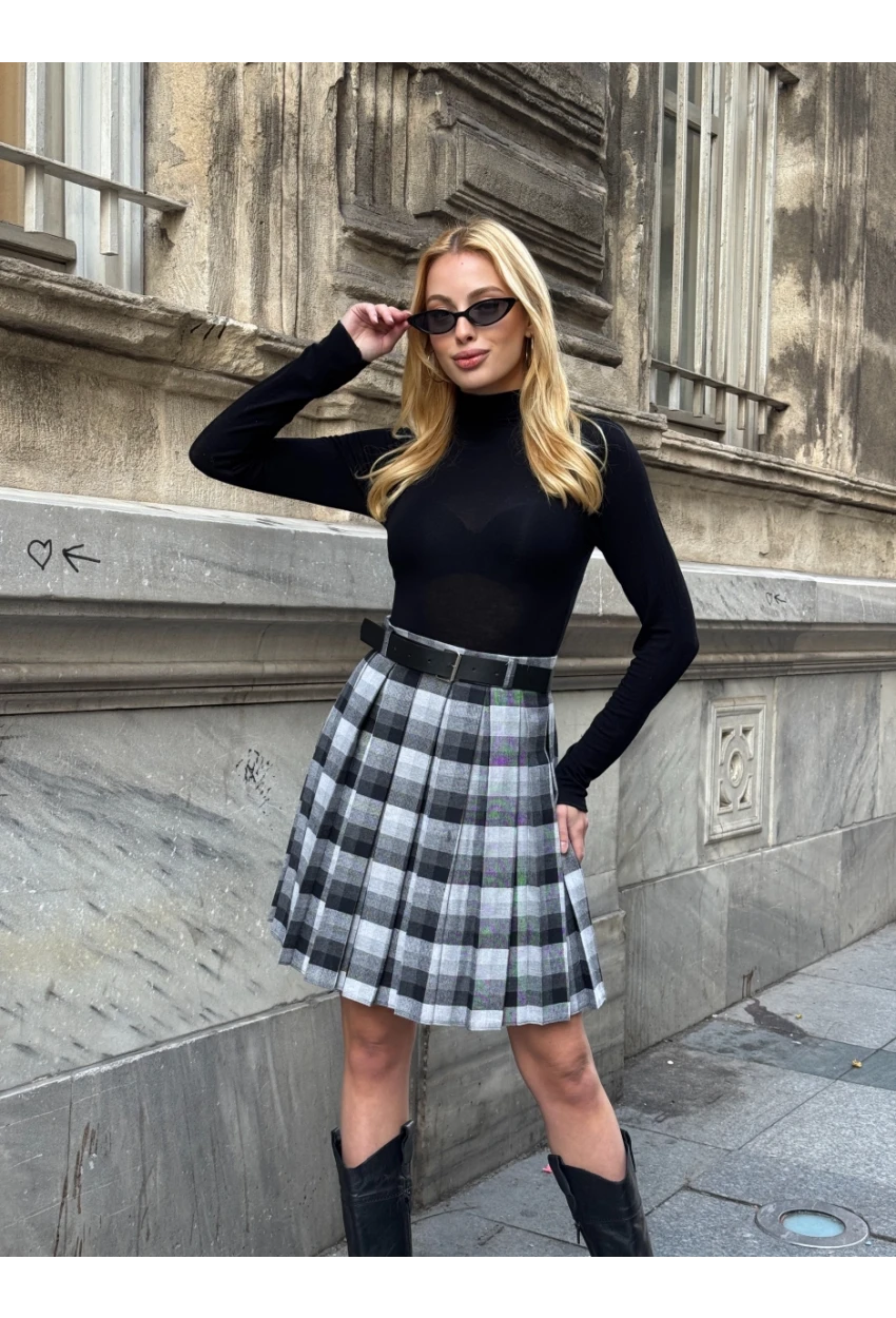 Kadın Ekose Desen Kemerli Yüksel Bel Şort Astarlı Mini Etek