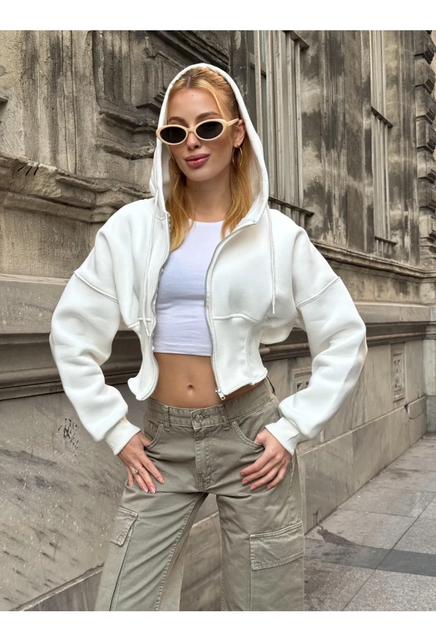 Kadın Ekru Fermuarlı Hoodie Sweatshirt