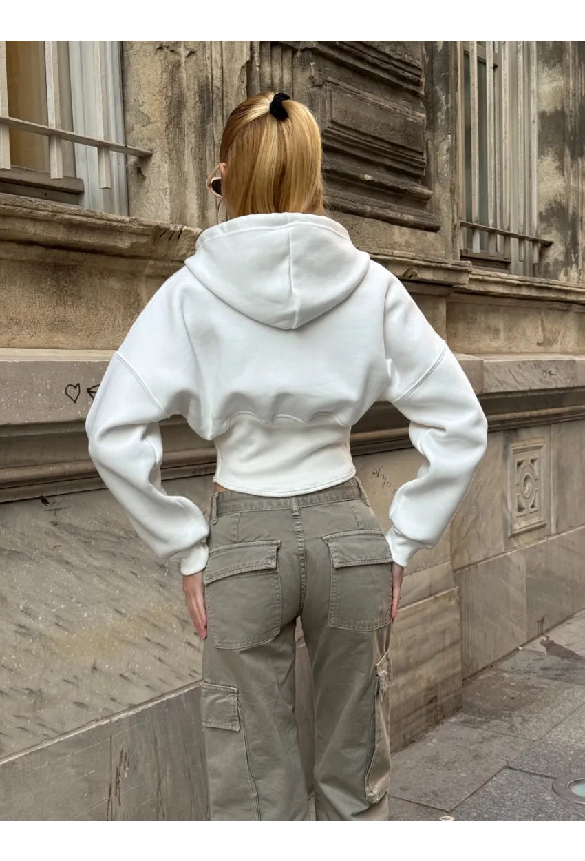 Kadın Ekru Fermuarlı Hoodie Sweatshirt