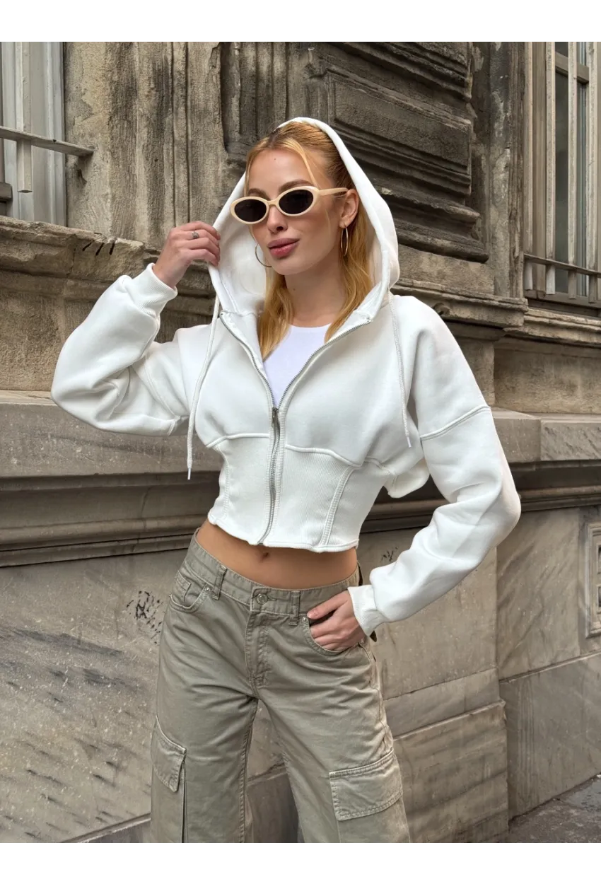 Kadın Ekru Fermuarlı Hoodie Sweatshirt