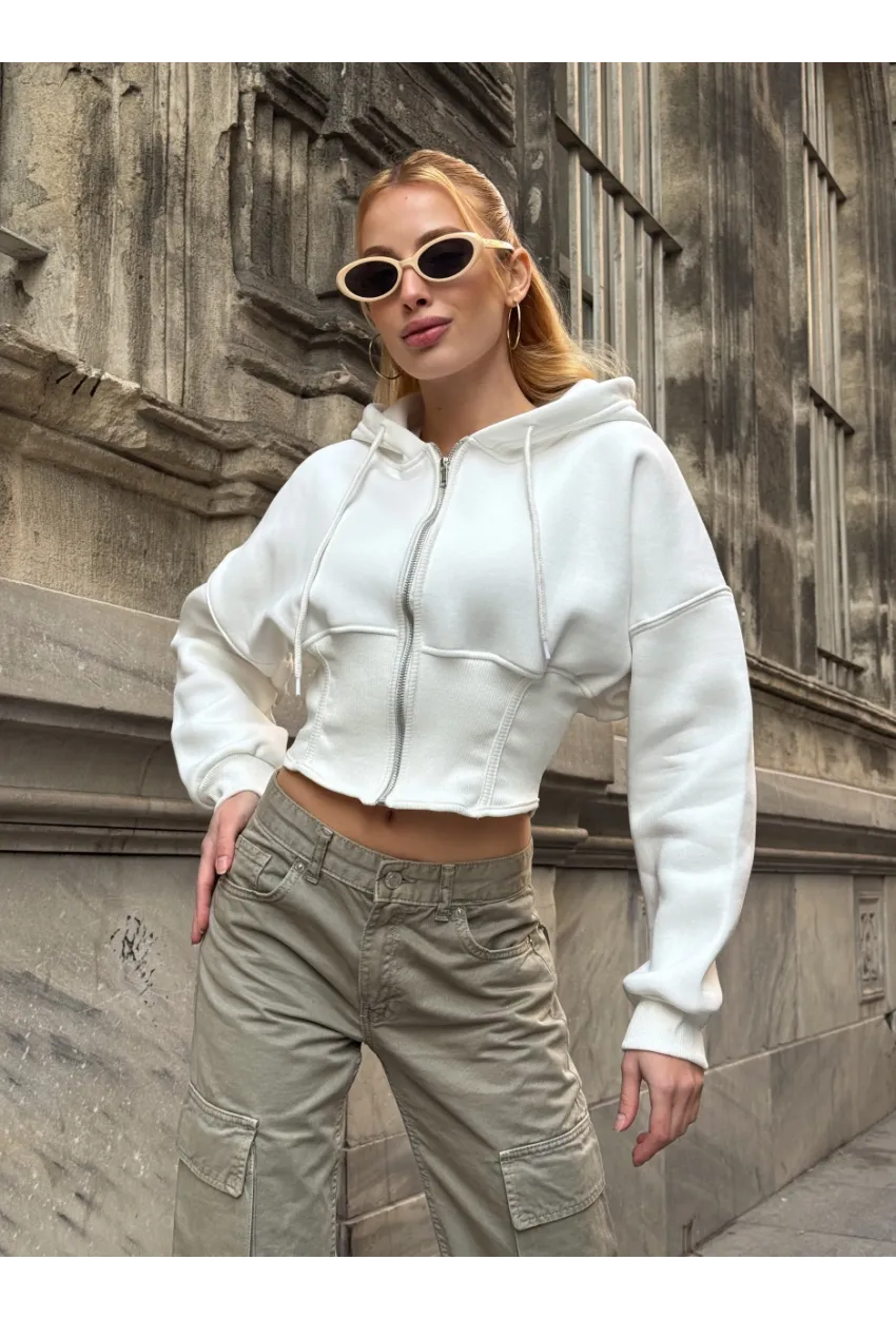 Kadın Ekru Fermuarlı Hoodie Sweatshirt
