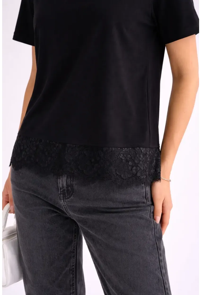 Kadın Eteği Dantel Detay T-shirt Siyah